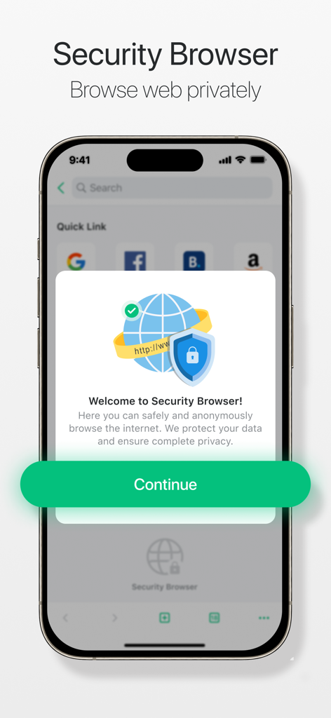 Captura de tela do iPhone mostrando a tela de boas-vindas do recurso Navegador de Segurança com uma mensagem de navegação privada