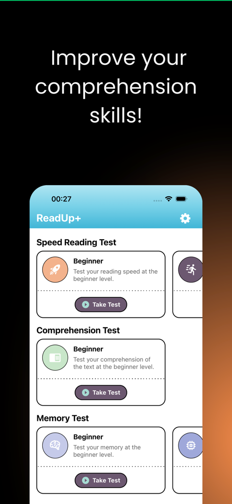 ReadUp: Speed Reading Practice - ReadUp 앱 대시보드에 초급 속독, 이해력 및 기억력 테스트 옵션이 표시됨