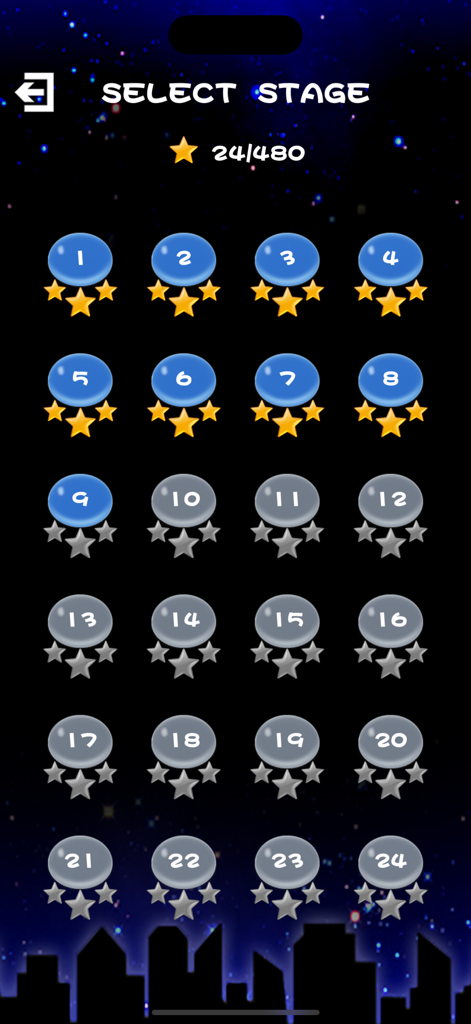 Popping Stars-classic game - Level selection menu of Popping Stars game showing a grid of numbered stages and stars.