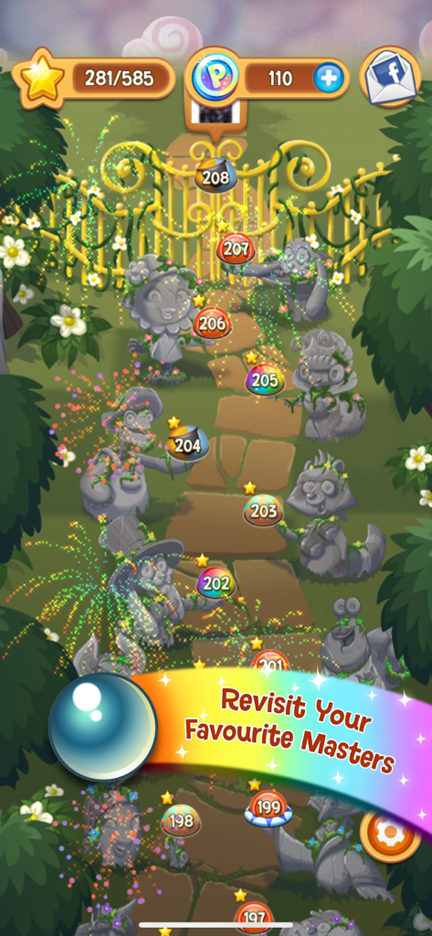 Mapa del juego Peggle Blast mostrando marcadores de progresión de nivel en un camino de piedra con estatuas de personajes y un banner de arcoíris