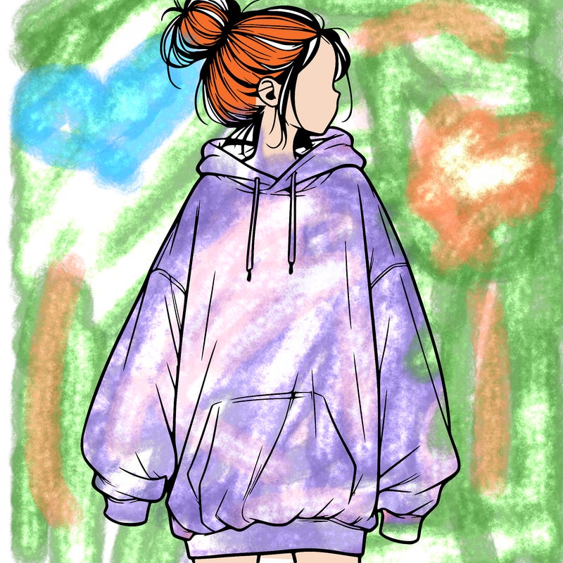 realistic girl with a oversized sweatshirt on and a bun