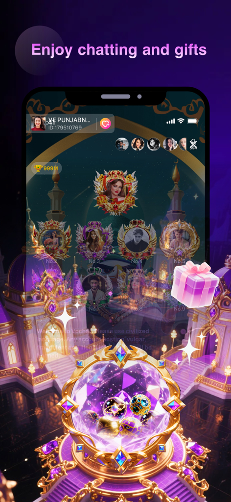 A group voice chat interface in the Boli app featuring ranked user profiles with ornate gold frames and virtual gift icons