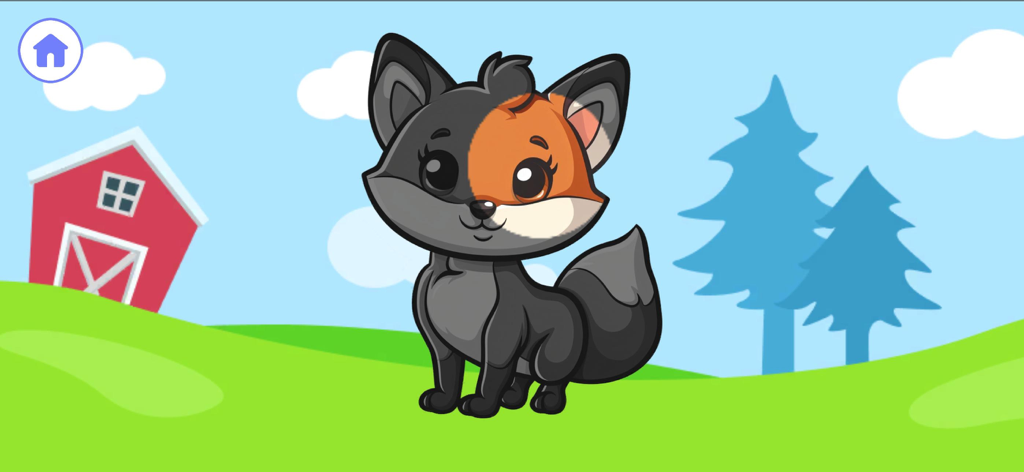 Personagem de raposa de desenho animado em um cenário de fazenda do aplicativo Slimy Words