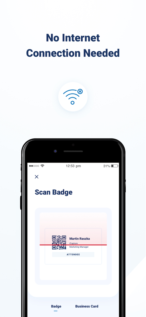 Cvent iCapture app interface showing the offline lead capture and badge scanning feature