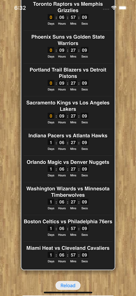 Basketball Games Pro - NBA game schedule with countdown timers for upcoming matches in the Basketball Games Pro app.