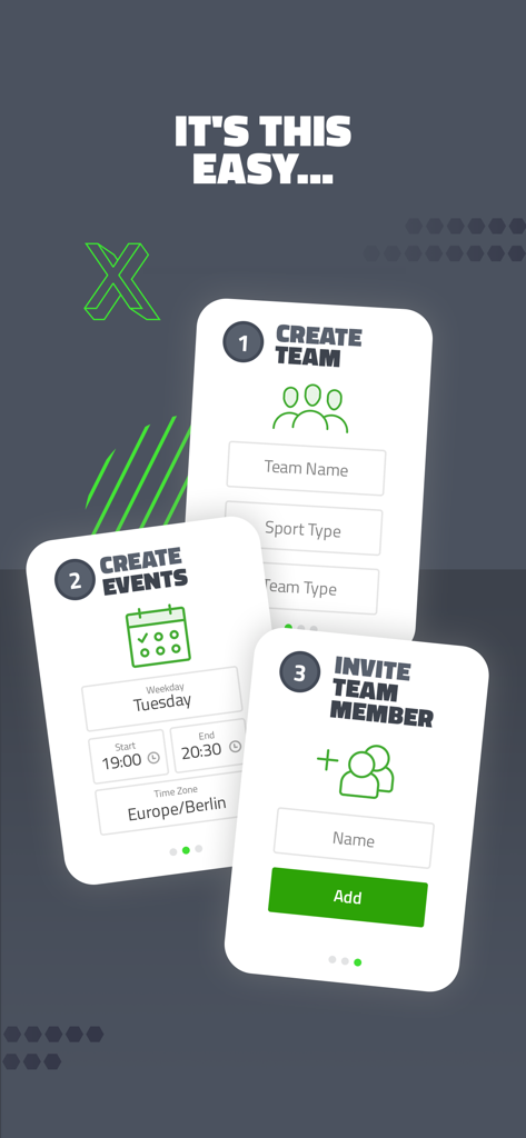 TeamPlus - Team Management - Graphic showing the three-step process for setting up a sports team including creating a team, scheduling events, and inviting members.