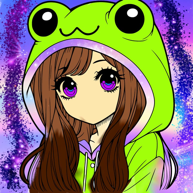 a pretty girl wearing a frog hoodie portrait with long hair