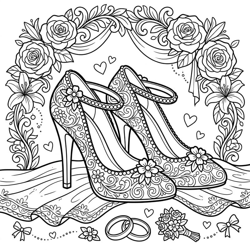 Immerse yourself in the romance of a wedding day with this elegant coloring page featuring a pair of beautifully detailed bridal high heels. Designed with clear lines and accessible details, it offers a joyful and relaxing coloring experience especially for seniors.