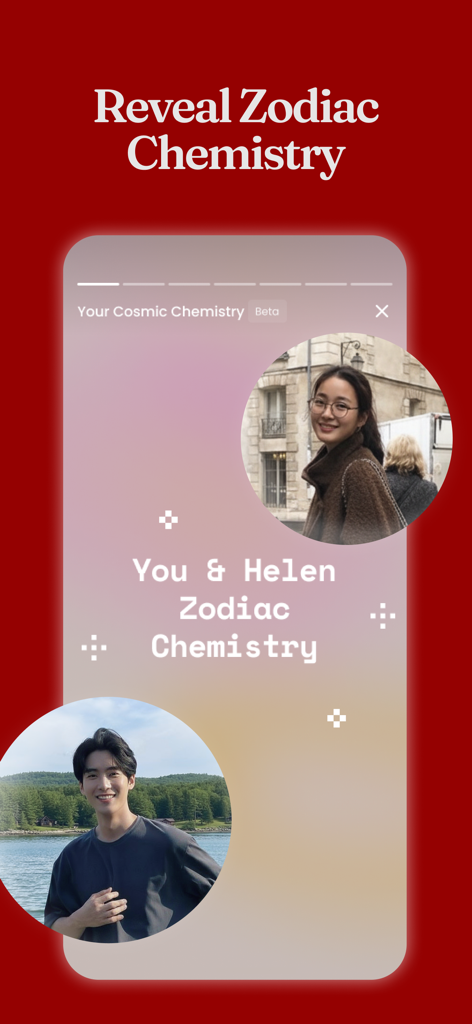 Krush app interface showing the Zodiac Chemistry compatibility feature between two users with profile photos