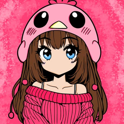 anime girl with chick shaped hat with sweater with bare shoulders with bangs covering them one eye with low tail