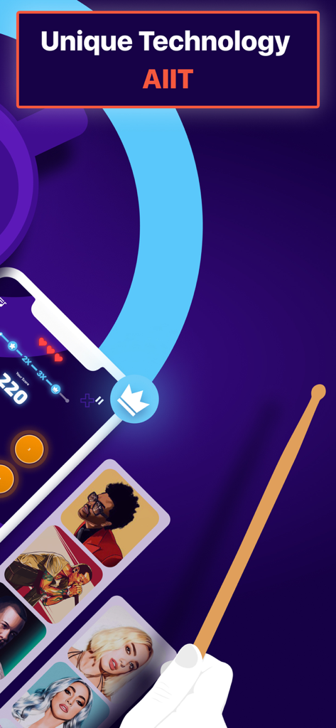 Magic Drums: AI Rhythm Games - Magic Drums app screen featuring AI technology with music tracks and a drumstick