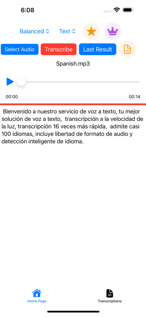 Transcribe , Audio To Text - Smartphone screen displaying Spanish text transcribed from an audio file in the Transcribe app