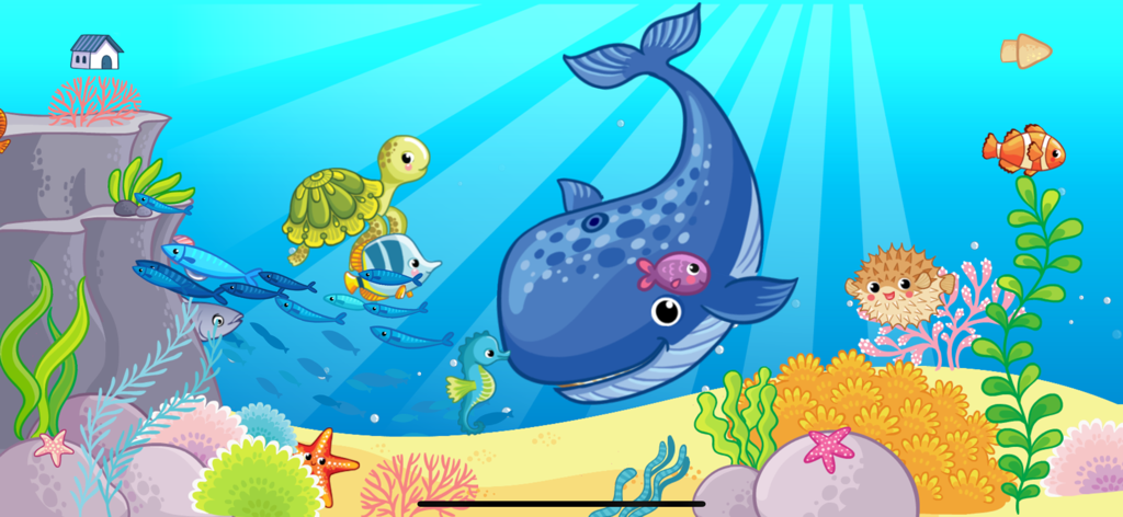 FISH sea animal puzzle games - Colorful underwater scene with a blue whale, sea turtle, and pufferfish from the Fish sea animal puzzle game.