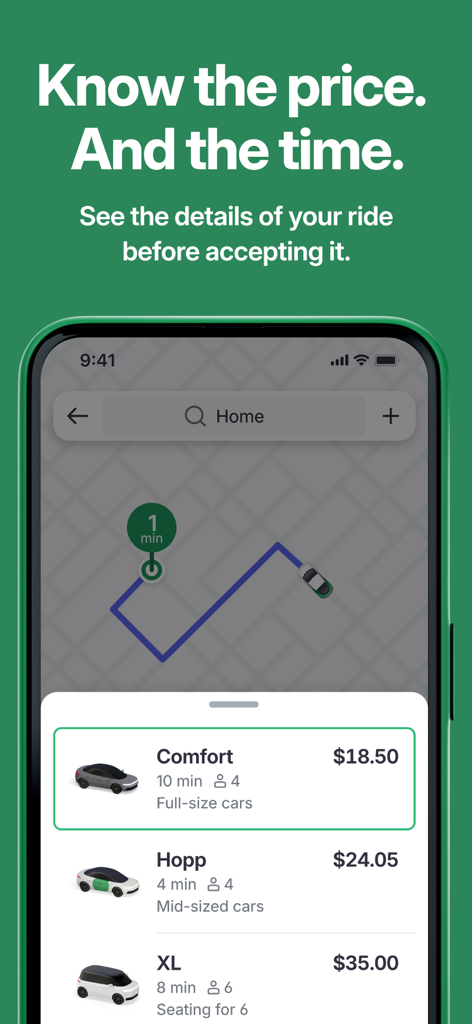 Hopp: Get a Ride - Smartphone screen showing Hopp ride options with price estimates and arrival times