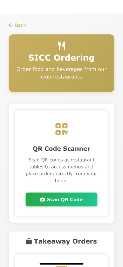 SICC - Interface of the SICC app showing food and beverage ordering options including a QR code scanner and takeaway orders.