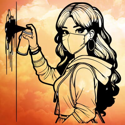 realistic girl with mask spray painting a wall