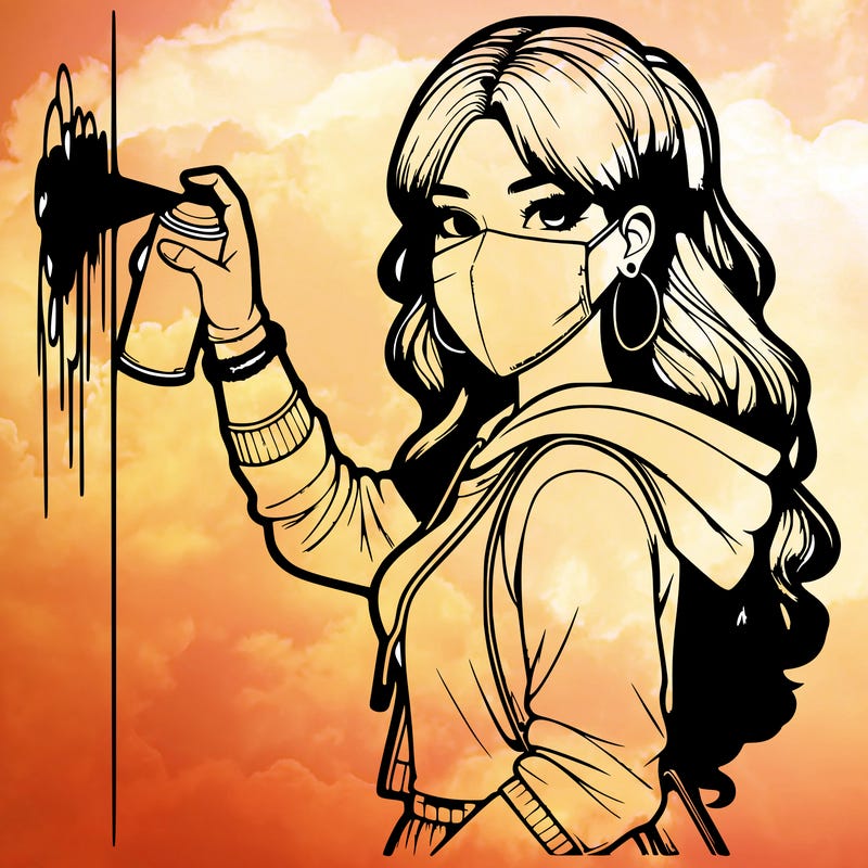 realistic girl with mask spray painting a wall