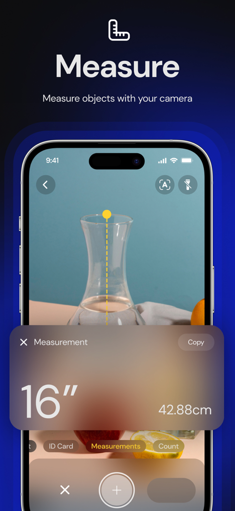 Smartphone screen displaying the AR measurement tool in Atlas AI scanner app measuring a glass vase.