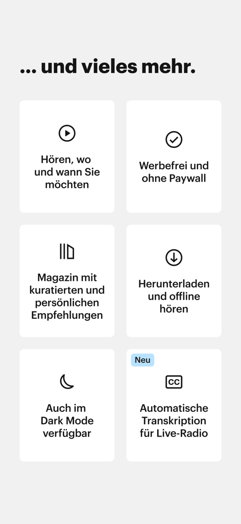 Deutschlandfunk - オフラインリスニング、広告なしコンテンツ、ダークモード、ライブラジオ文字起こしを含むDeutschlandfunkアプリの主要機能を示すグリッド。