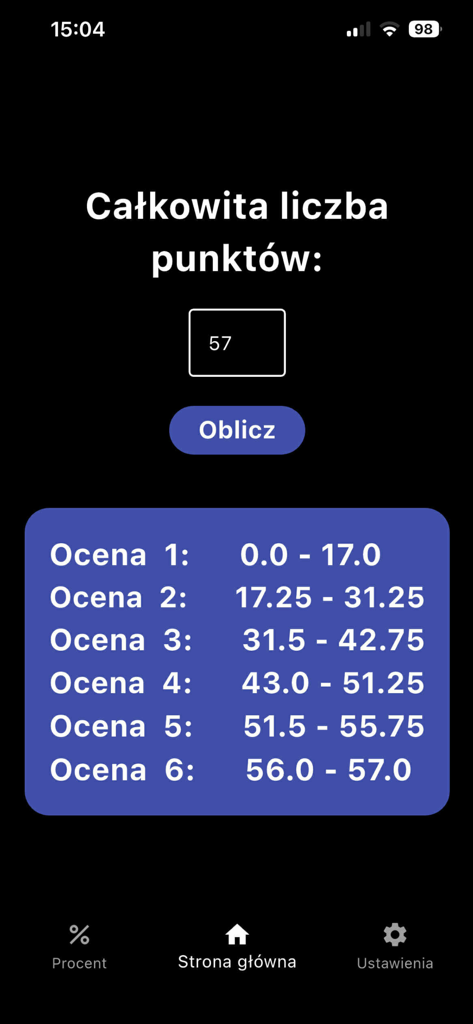 Kalkulator Ocen - Mobile app interface displaying point thresholds for different academic grades