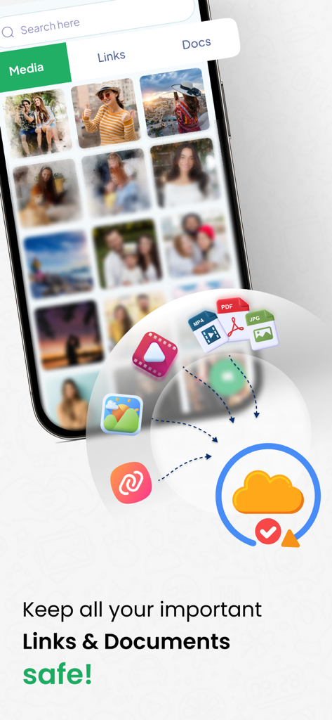 App interface showing a photo gallery and cloud backup icons for securing WhatsApp links and documents.