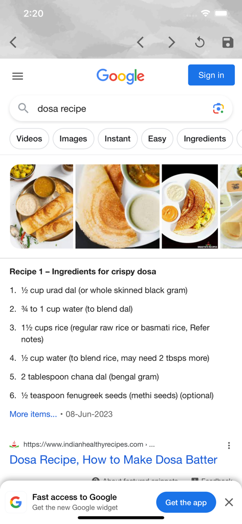 My Recipe Book - Resultados de búsqueda de Google para una receta de dosa mostrados dentro del navegador de la aplicación Mi Libro de Recetas con un icono de guardar en la parte superior.
