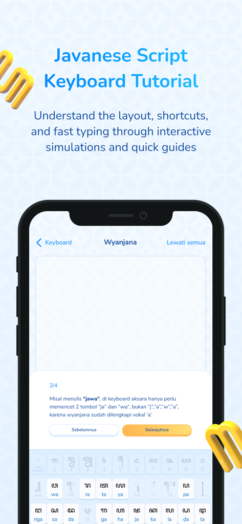 A smartphone screen displaying a tutorial for using a Javanese script keyboard with interactive typing guides.
