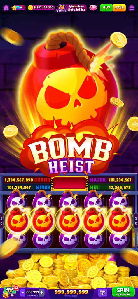 Woohoo Casino Bomb Heist slot machine with glowing skull bombs and a large pile of gold coins