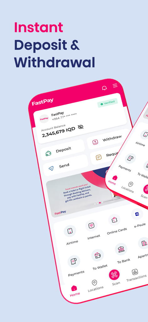 FastPay Wallet mobile app interface showing account balance in IQD and options for instant deposit and withdrawal.