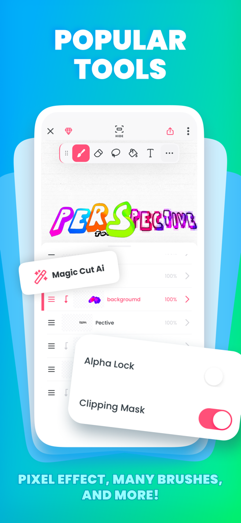 A screenshot of the FlipaClip app interface displaying popular animation tools like Magic Cut AI and Clipping Mask