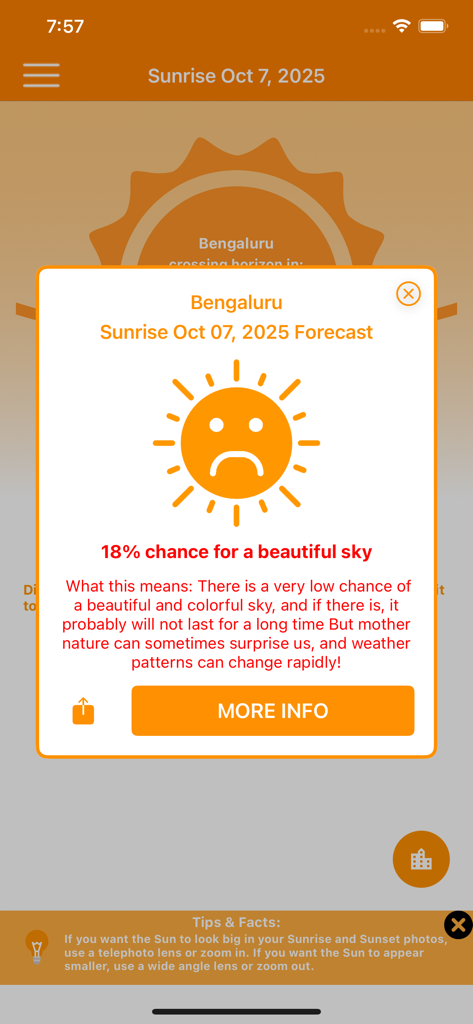 SkyCandy - Sunset Forecast App - SkyCandy app interface showing a 18 percent probability for a beautiful sunrise