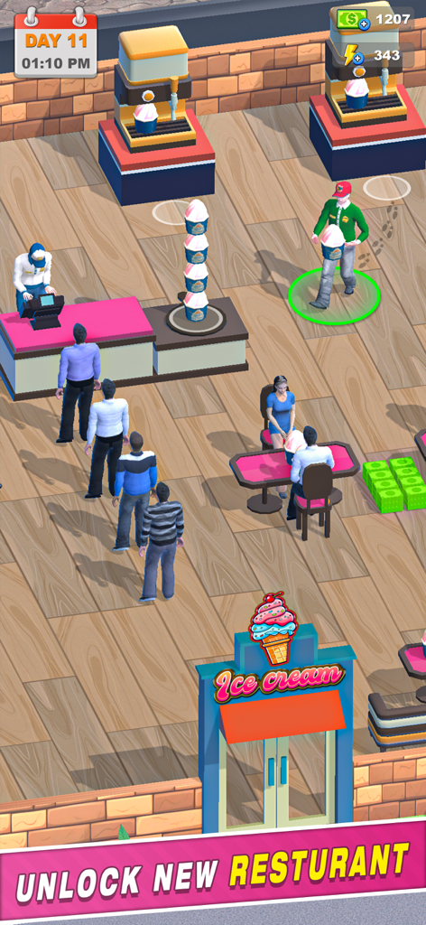 My Pizza Shop Simulator Game - レストランシミュレーターゲームで、列に並ぶ客がいる、カートゥーン調のアイスクリームショップのトップダウンビュー。