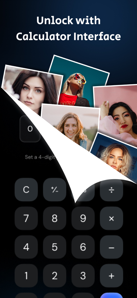 Calculator Lock : Hide Video - Una interfaz de calculadora que se abre para revelar una galería de fotos oculta