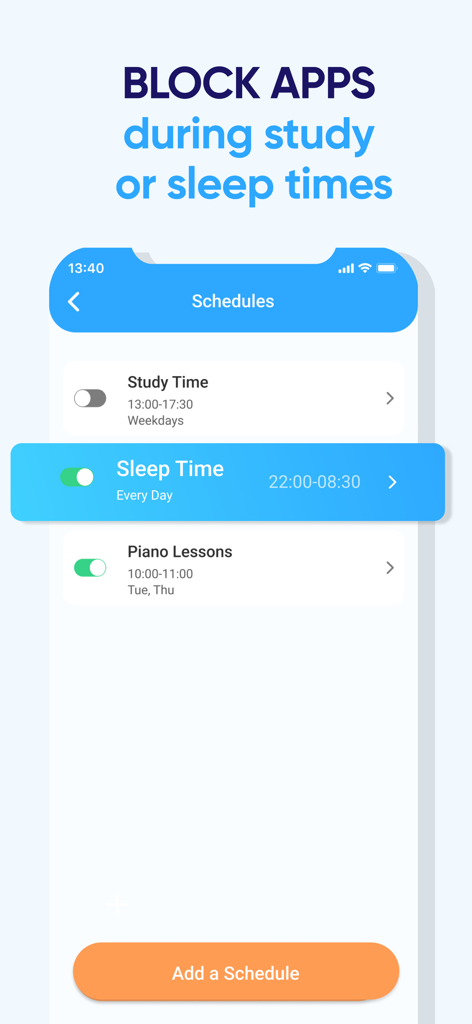 A smartphone screen displaying app blocking schedules for study and sleep times