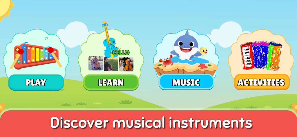 Musical Instruments Learn - Pantalla del menú principal que muestra cuatro categorías interactivas: Jugar, Aprender, Música y Actividades para que los niños exploren instrumentos