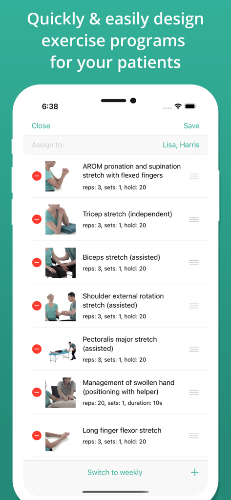 Physitrack - Pantalla de la aplicación móvil Physitrack que muestra una lista de ejercicios de fisioterapia con repeticiones y series asignadas a una paciente llamada Lisa Harris