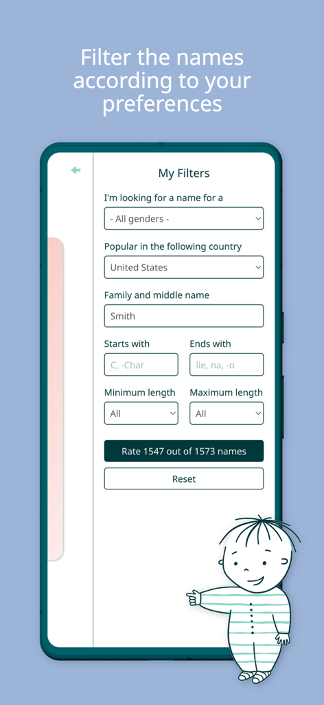 CharliesNames - A screenshot of the CharliesNames app filter screen showing search options like gender country and name length