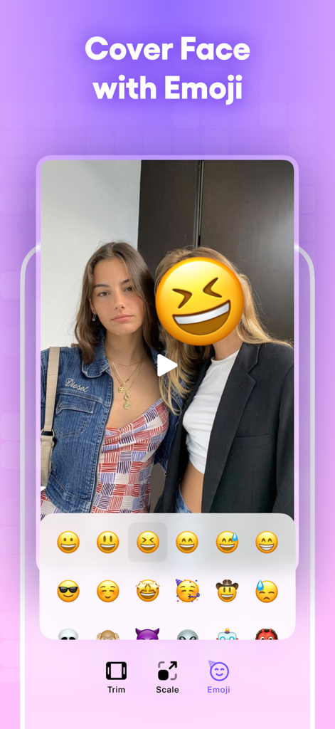 Blur Video· - Blur Video app interface showing a laughing emoji covering a woman's face for privacy and creative content editing.