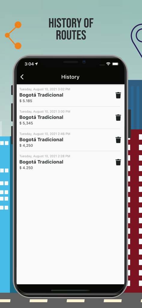 Pantalla del historial de rutas y tarifas de taxi en la aplicación Taxímetro GPS que muestra detalles y precios de viajes pasados