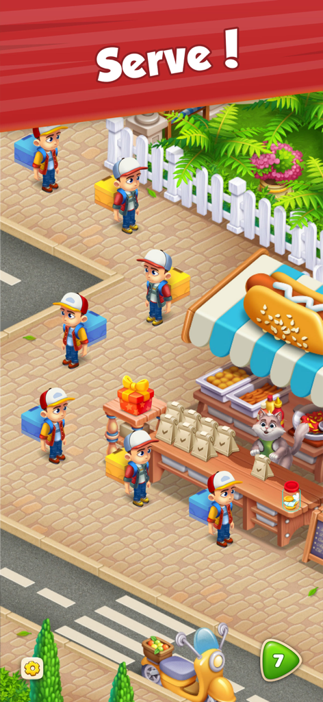 City Kitty Match - Winston the cat serving delivery customers at a colorful outdoor food stall in the city