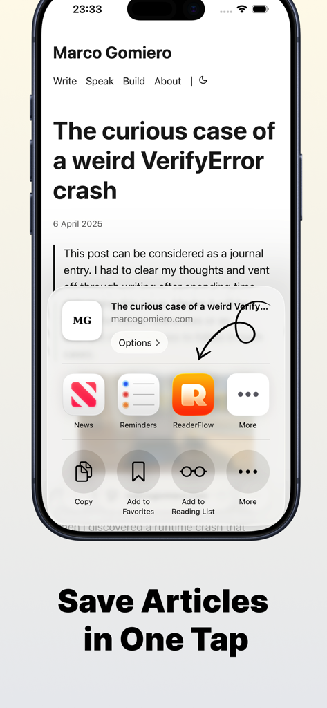 ReaderFlow | Read Later - iOS share sheet demonstration showing how to save articles to ReaderFlow in one tap