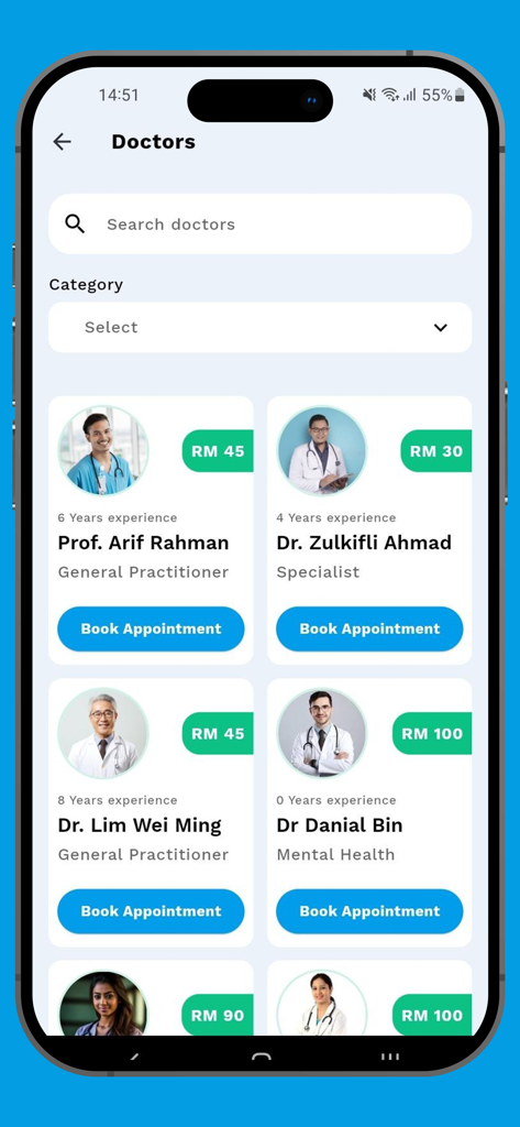 TeleCure - TeleCure app screen showing a list of certified doctors with their specialties and consultation fees for easy appointment booking.