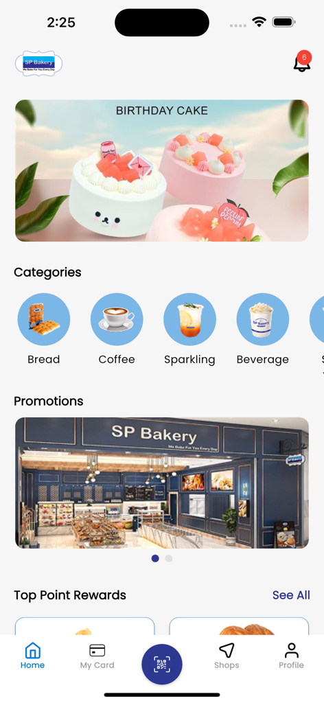 SP Bakery mobile app home screen showing product categories and loyalty reward promotions