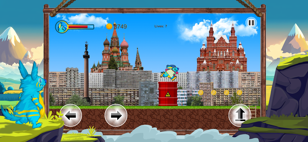 Molly Platformer: Super Runner - Gameplay of Molly Platformer Super Runner showing the blue rabbit character jumping on a red barrel in an urban level with city landmarks.