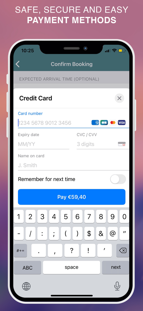 Pantalla móvil que muestra un formulario de pago seguro con tarjeta de crédito para una reserva de hotel en la app Louvre Hotels Group.