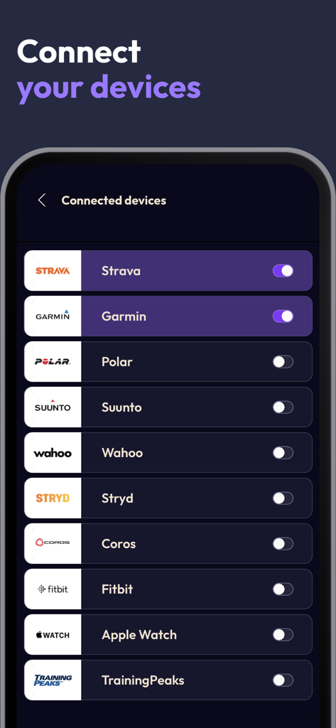 2PEAK Cycling & Triathlon - Interface of the 2PEAK app showing the list of compatible devices and services like Strava Garmin and Apple Watch
