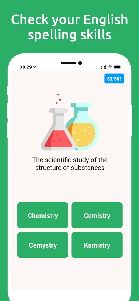 A multiple choice spelling quiz interface for the word Chemistry in the Word Spelling Games app.