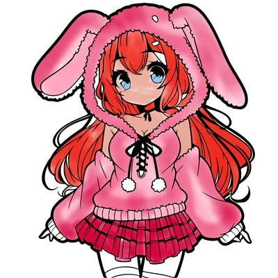 pretty anime girl wearing a fluffy hoodie with bunny ears on the hood and a skirt