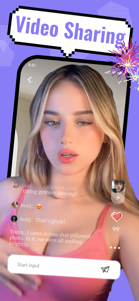 Miniro：Adult Share | Live Chat - Screenshot of the Miniro app video sharing interface featuring a young woman creator and real-time user comments.