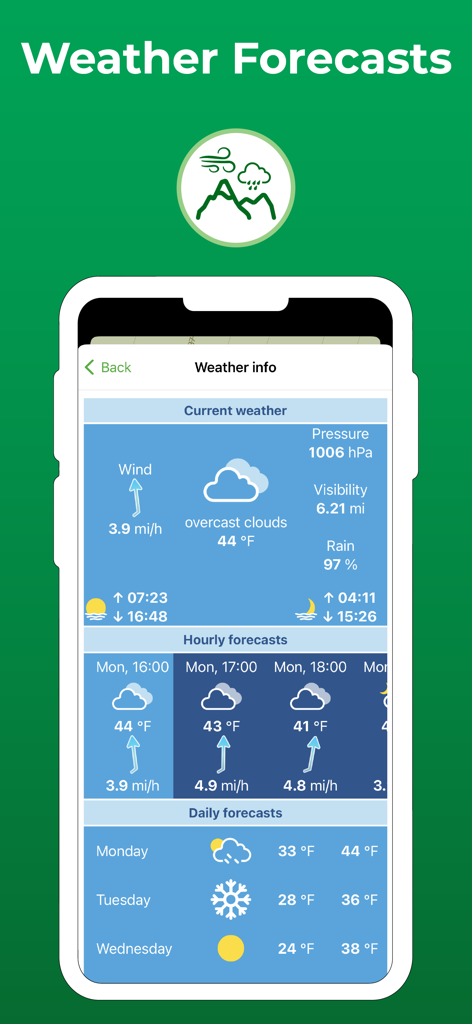 Terra Map - Trail Explorer - Screenshot of the Terra Map app showing detailed hourly and daily weather forecasts for outdoor adventures